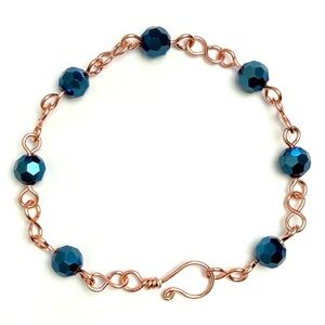 Hand Crafted Copper Wire Link Bracelet With Deep Blue Faceted Glass Beads Size 7